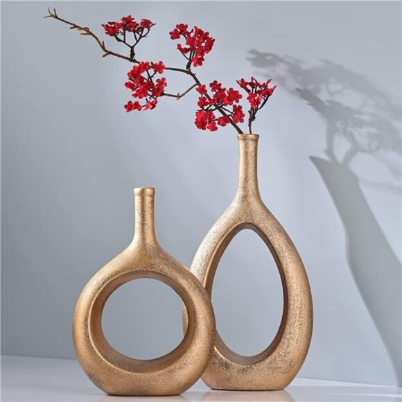 NEW Gold Ceramic Hollow Elliptical Vase Set of 2 - Boho Circle Vase with Hole, - Picture 4 of 7